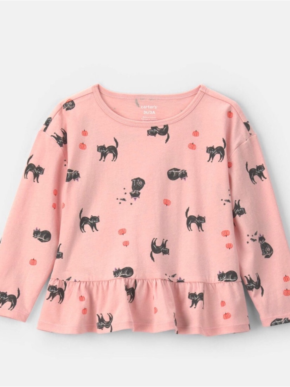 Toddler Girl Halloween Cat Long-Sleeve Peplum Top - Pink